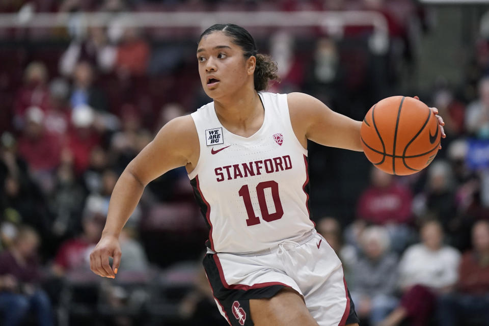 Stanford guard Talana Lepolo (10) brings the ball up against Santa Clara during the first half of an NCAA college basketball game in Stanford, Calif., Wednesday, Nov. 30, 2022. (AP Photo/Jeff Chiu)