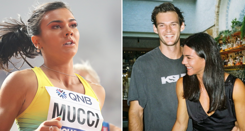 Australian Olympic Games hurdler Celeste Mucci has accepted that her boyfriend and AFL star Jack Buckley won't be able to come to Paris to watch her compete. Pic: Getty/Instagram 