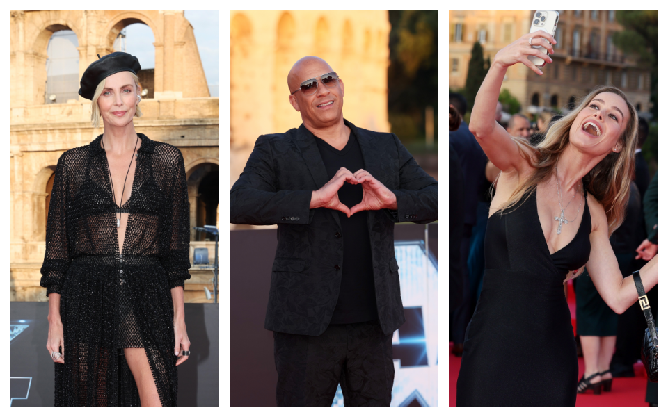 《玩命關頭X》在羅馬舉行盛大首映，莎莉賽隆（左起）、馮迪索、布麗拉森等主要演員出席。（圖／UIP）