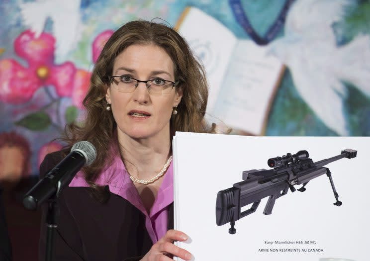 Gun-control activist Heidi Rathjen speaks during a 2014 news conference in Montreal. Photo from The Canadian Press