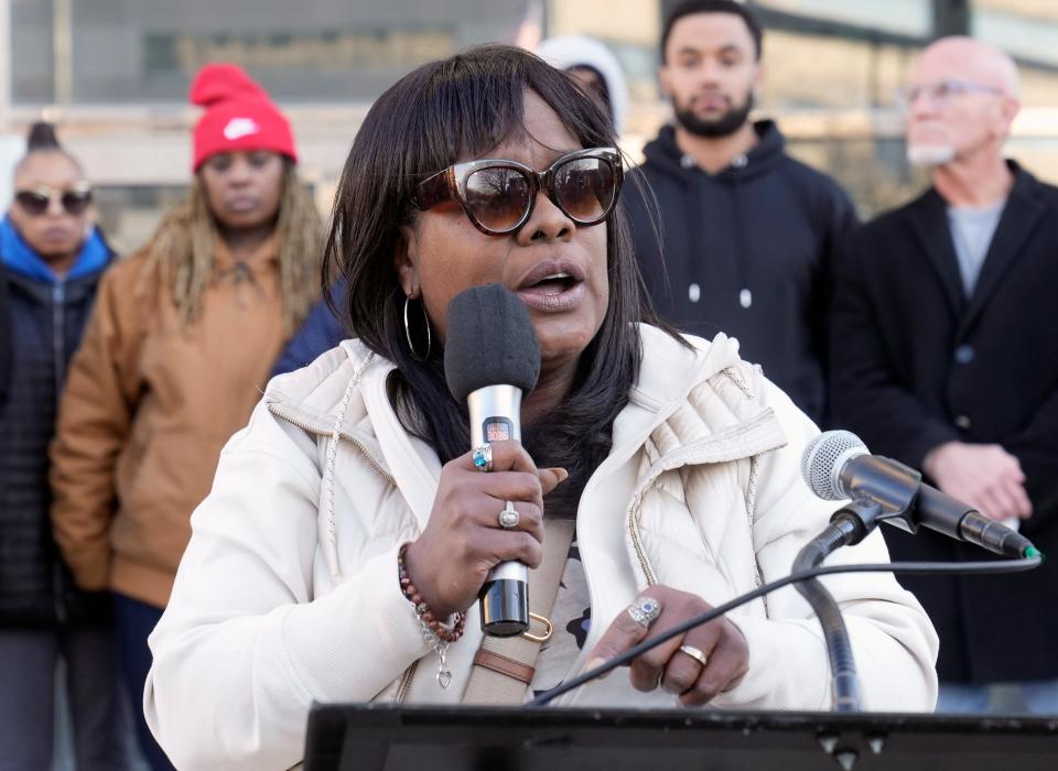 Tammy Fournier-Alsaada, organizing director of the People's Justice Project in Columbus, speaks at a press conference addressing the shooting of Michael Cleveland, 66, by Columbus police on Feb. 5, outside police headquarters on Monday.