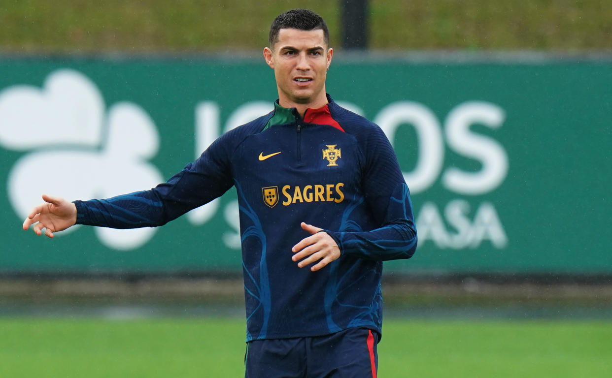 OEIRAS, PORTUGAL - NOVEMBER 15: Cristiano Ronaldo of Portugal in action during the Portugal Training and Press Conference at Cidade do Futebol FPF on November 15, 2022 in Oeiras, Portugal.  (Photo by Gualter Fatia/Getty Images)