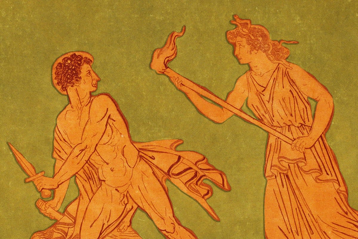 Hell hath no fury: Orestes is fought by one of the Furies of Greek mythology, in a relief found on an ancient Greek vase (Shutterstock)