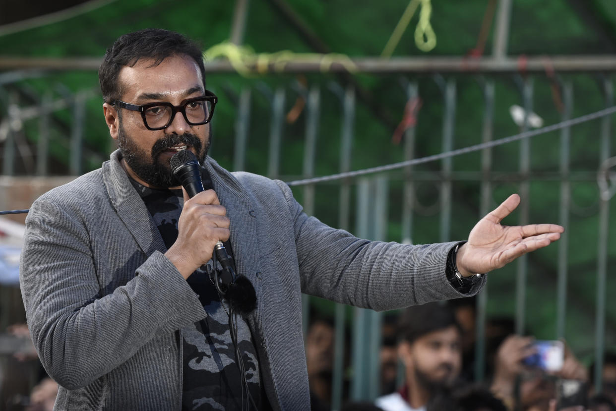 NEW DELHI, INDIA - FEBRUARY 14: Bollywood director Anurag Kashyap addresses the gathering during a sit-in protest against Citizenship Amendment Act (CAA), National Register of Citizens (NRC) and National Population Register (NPR), at Jamia Millia Islamia University, on February 14, 2020 in New Delhi, India. (Photo by Burhaan Kinu/Hindustan Times via Getty Images)