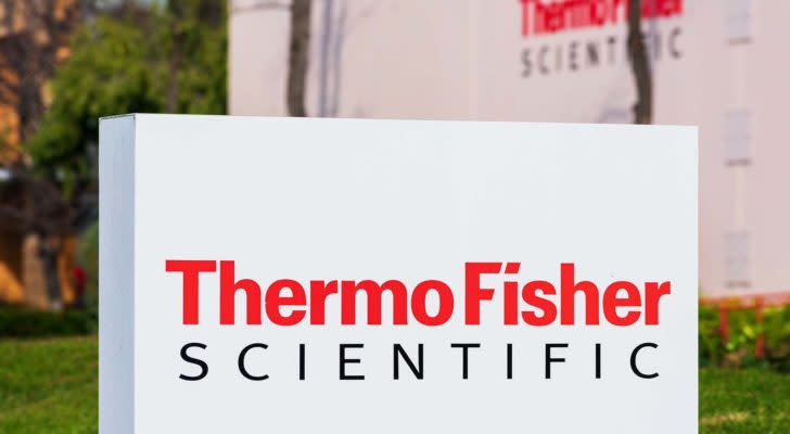 A Thermo Fisher Scientific (TMO) sign out front of an office in Silicon Valley, California.