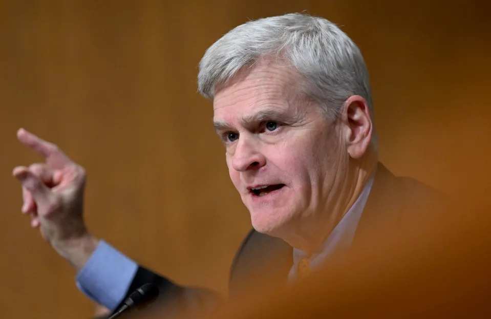 US Senator Bill Cassidy, Republican of Louisiana, argues with Treasury Secretary Janet Yellen during a hearing by the Senate Finance Committee on the proposed budget request for 2024, on Capitol Hill in Washington, DC, March 16, 2023. (Photo by Andrew Caballero-Reynolds / AFP) (Photo by ANDREW CABALLERO-REYNOLDS/AFP via Getty Images)