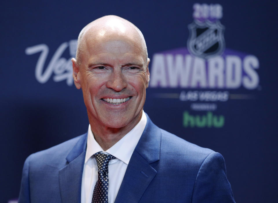 FILE - Mark Messier poses on the red carpet before the NHL Awards in Las Vegas on June 20, 2018. Messier’s memoir “No One Wins Alone” will be published in October, by Gallery Books, a Simon & Schuster imprint. (AP Photo/John Locher, File)