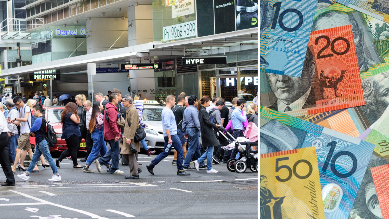 Australia people walking on street and Australian money notes