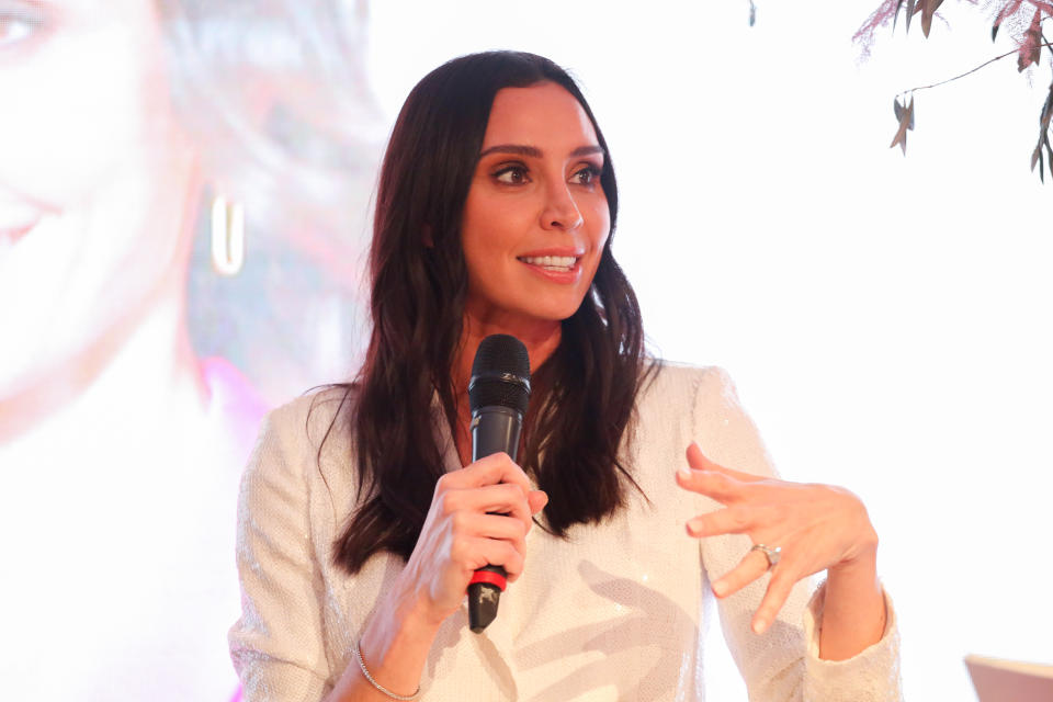 LONDON, ENGLAND - APRIL 07: Christine Lampard speaks on stage at the Christine Lampard x Wallis SS22 collection launch on April 07, 2022 in London, England. (Photo by Lia Toby/Getty Images for WALLIS)