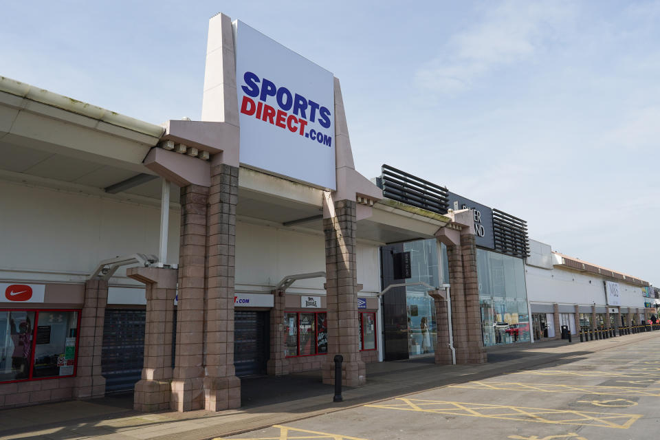 MIDDLESBROUGH, UNITED KINGDOM - MARCH 24: A Sports Direct store at Teesside Park remains closed as the UK adjusts to life under the Coronavirus pandemic on March 24, 2020 in Middlesbrough, United Kingdom. Mike Ashley’s Sports Direct has bowed to pressure from the government and the public by closing all of its stores after widespread anger that he intended to flout the UK lockdown by remaining open. Coronavirus (COVID-19) has spread to at least 196 countries, claiming over 17,000 lives and infecting more than 390,000 people. There have now been 6,650 diagnosed cases in the UK and 335 deaths. (Photo by Ian Forsyth/Getty Images)