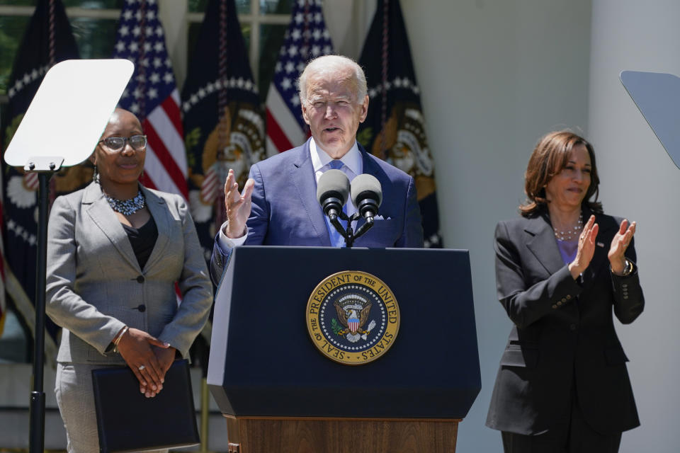 Vice President Kamala Harris applauds as President Joe Biden speaks at an event on lowering the cost of high-speed internet in the Rose Garden of the White House, Monday, May 9, 2022, in Washington. (AP Photo/Manuel Balce Ceneta)