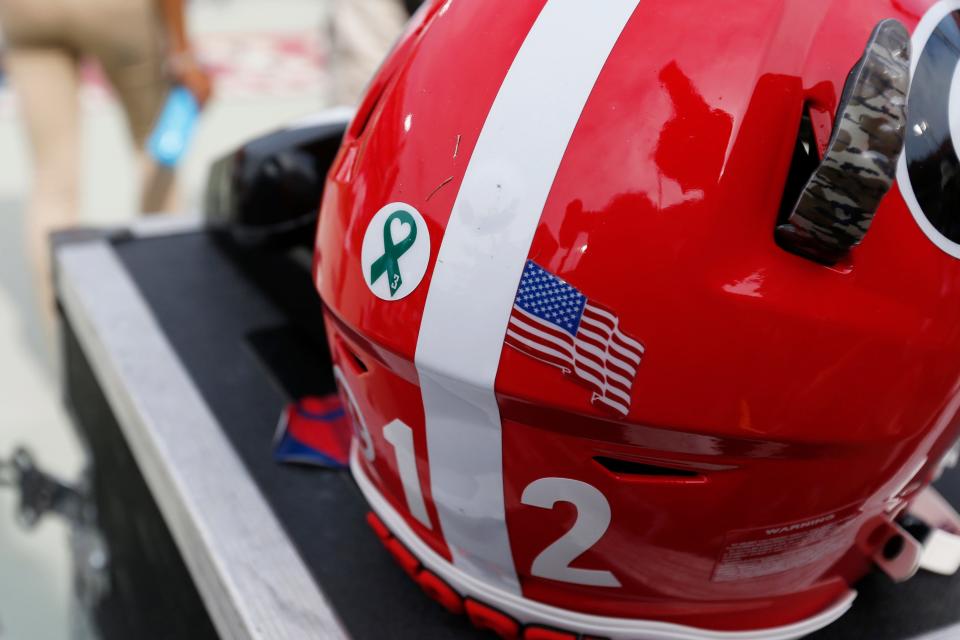 Georgia played with helmet decals for College Football Mental Health Awareness Week on team helmets when they faced Arkansas in Athens, Ga., on Oct. 2, 2021. Georgia won 37-0.