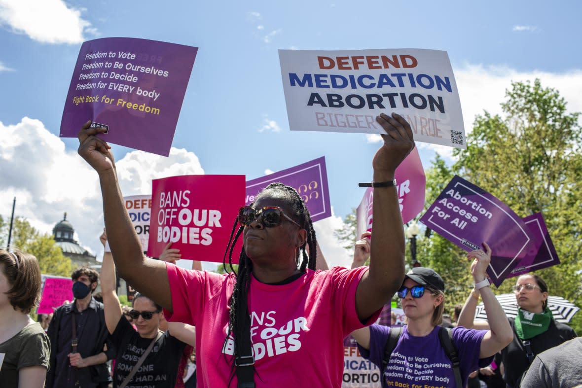 WASHINGTON, DISTRICT OF COLUMBIA, UNITED STATES – 2023/04/15: Activists holding abortion rights signs shout slogans during a rally. Abortion rights activists rallied outside the US Supreme Court in Washington, DC. (Photo by Probal Rashid/LightRocket via Getty Images)