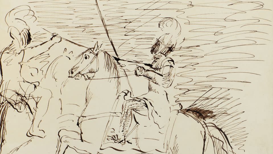 This ink sketch of a knight on horseback is inscribed "original sketch by the Royal Highness The Princess Victoria. (Her Majesty). 1833" - Roseberys Fine Art Auctioneers & Valuers