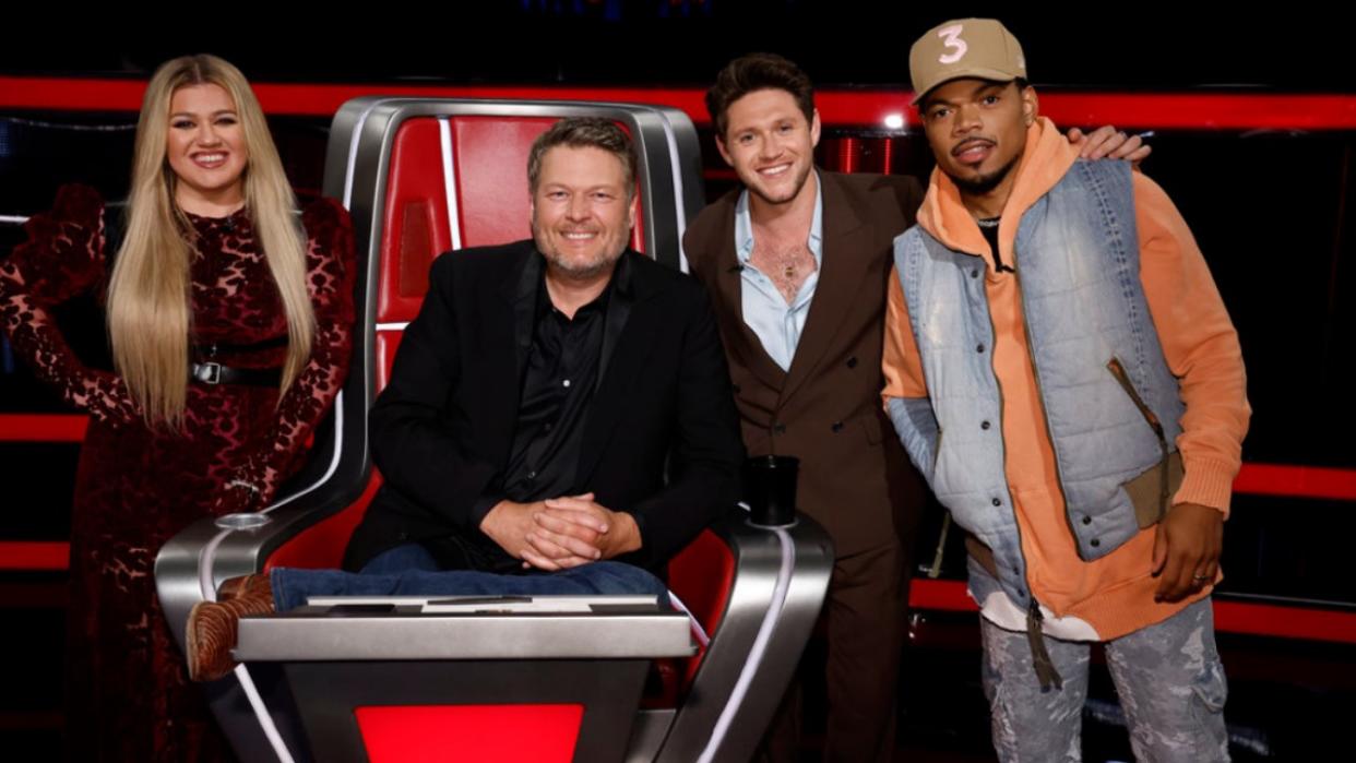  Kelly Clarkson, Niall Horan, Blake Shelton and Chance the Rapper on Season 23 of The Voice. 