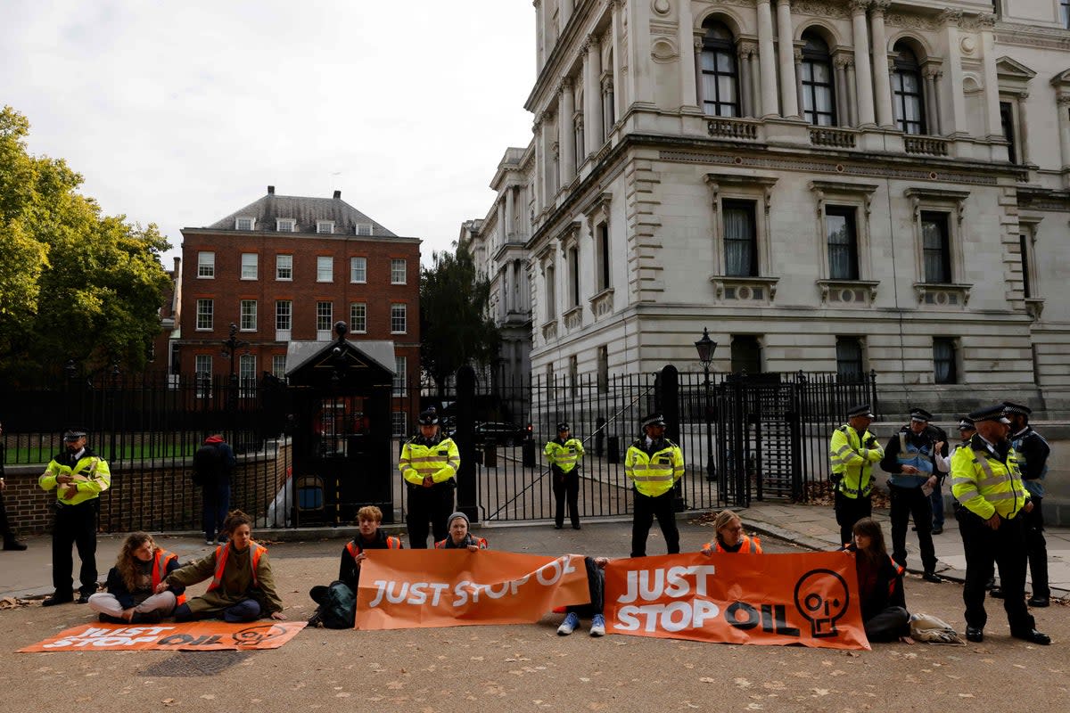 Activists from Just Stop Oil blockade back entrance to Downing Street (AFP via Getty Images)