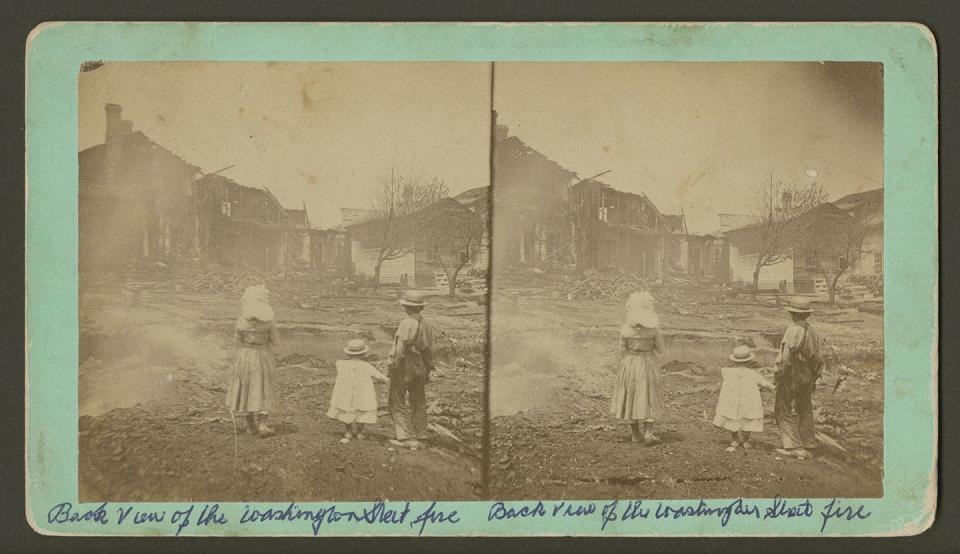 Children stare at the burned remains from the Washington Street fire, circa 1870s. David V. Tinder Collection of Michigan Photography. William L. Clements Library