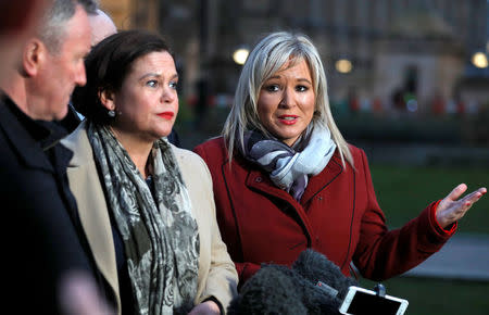 Mary Lou McDonald, Michelle O'Neill, Francie Molloy and Conor Murphy of Sinn Fein talk to the press outside the Palace of Westminster in London, Britain, February 21, 2018. REUTERS/Peter Nicholls