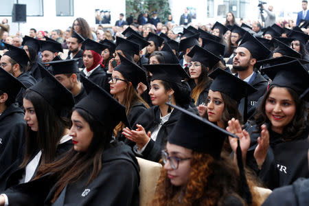 Students wearing mortar board hats wait to receive their degree diplomas, following a graduation ceremony for students at University of Rabat, Morocco, February 2, 2019. Picture taken February 2, 2019. REUTERS/Youssef Boudlal