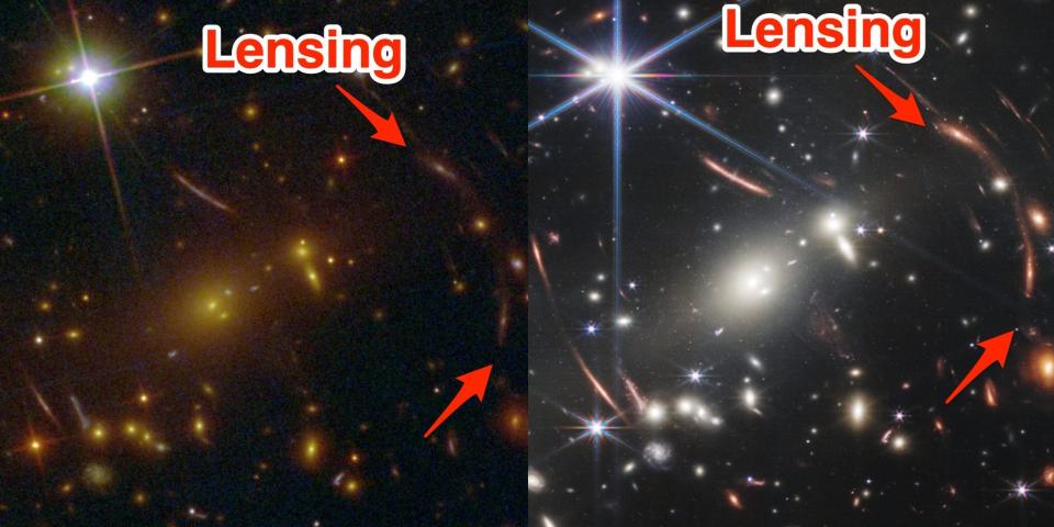 Side by side pictures from the Hubble and JWST show gravitational lensing.