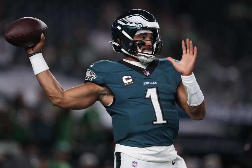 Philadelphia Eagles quarterback Jalen Hurts warms up before an NFL football game against the Atlanta Falcons on Monday, Sept. 16, 2024, in Philadelphia. (AP Photo/Matt Slocum)