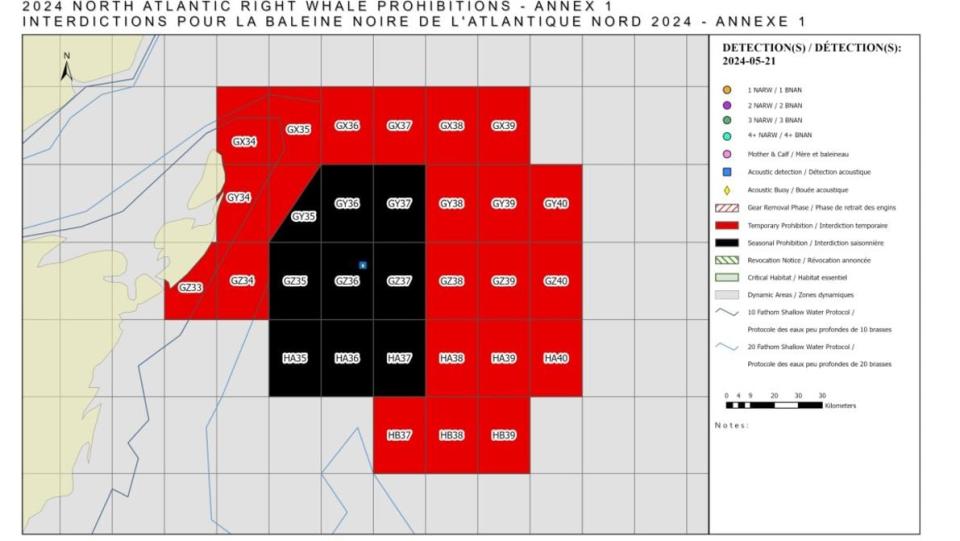 A new map was published by DFO on Wednesday showing the closures off the Acadian Peninsula. The red zones are temporary closures, while black zones are closed for the rest of the season.