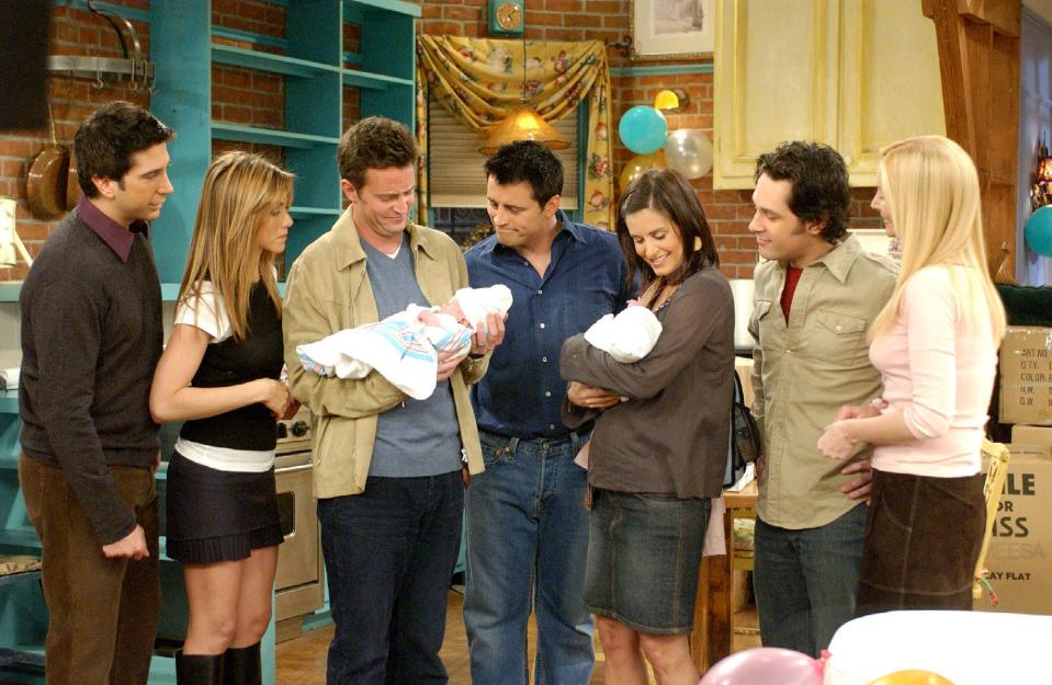 For 10 seasons, Courteney Cox starred in the ensemble comedy, "Friends," which concluded May 6, 2004. David Schwimmer, far left, Jennifer Aniston, Matthew Perry, Matt LeBlanc, Cox, Paul Rudd and, and Lisa Kudrow gather for a scene from the series finale.