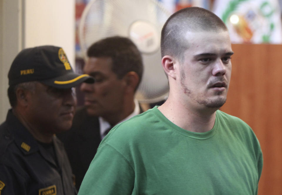 FILE - Joran van der Sloot arrives to the courtroom for his sentence at San Pedro prison in Lima, Peru, Friday Jan. 13, 2012. The main suspect in the 2005 disappearance of U.S. student Natalee Holloway is expected to be handed over to U.S. officials in Peru and flown to the United States on Thursday, June 8, 2023, roughly a month after both countries agreed on his extradition. (AP Photo/Karel Navarro, File)