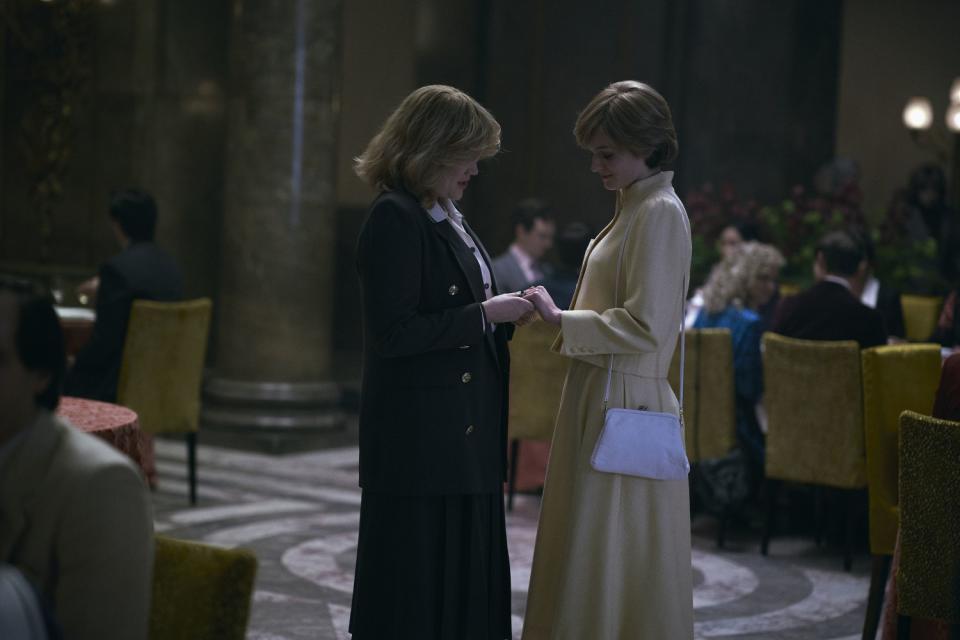 Emerald Fennel, left, as Camilla Parker Bowles and Emma Corrin as princess-to-be Diana Spencer in "The Crown."