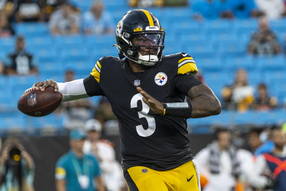 Dwayne Haskins #3 of the Pittsburgh Steelers looks to pass against the Carolina Panthers during the first half of an NFL preseason game at Bank of America Stadium on August 27, 2021 in Charlotte, North Carolina. - Credit: Chris Keane/Getty Images