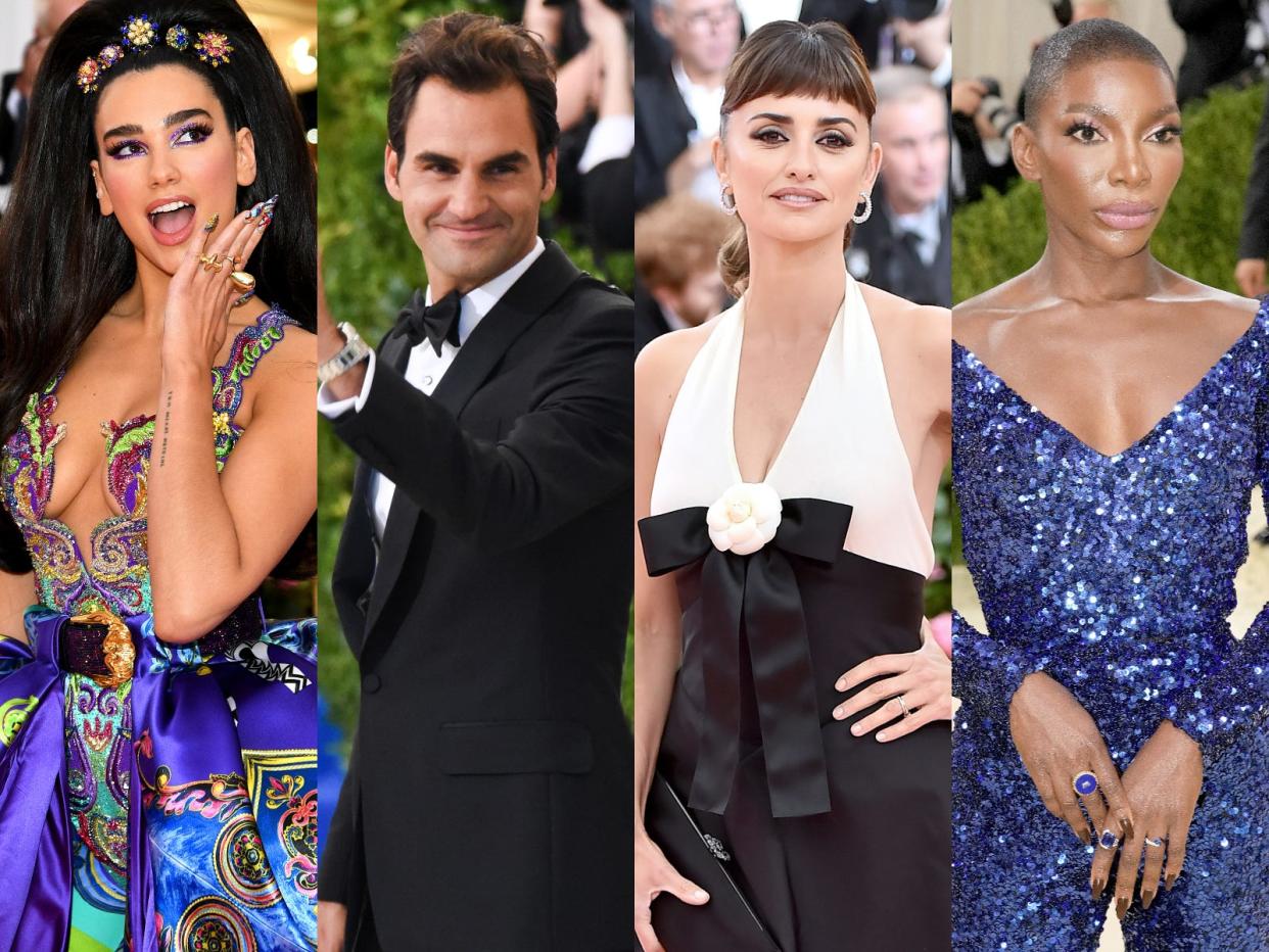 Four side-by-side images feature Met Gala 2023 co-chairs Dua Lipa, Roger Federer, Penelope Cruz, and Michaela Coel.