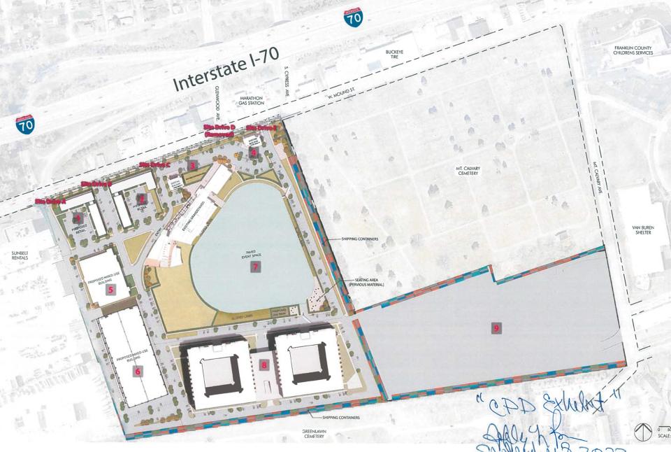 A proposed redevelopment plan for old Cooper Stadium on West Mound Street in Franklinton presented Monday on first read as two ordinances to Columbus City Council would rezone the site to allow creation of a mixed-use development of apartment buildings (shown as two squares at bottom), retail buildings (upper left) and office or warehouse/storage space while retaining a portion of the old stadium for potential use as an outdoor amphitheater. Variances requested under one of the ordinances would, if approved, allow the developer to stack storage containers around the property as a security fence but not allow their use for residential purposes.