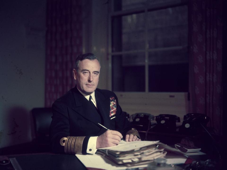 First Sea Lord Louis Mountbatten, Earl Mountbatten, at his office in the Admiralty.