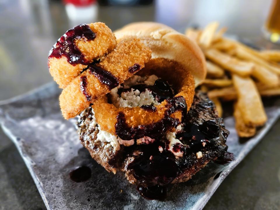 Red, White, and Blueberry BBQ Burger at Village Brewhouse in Punta Gorda photographed Sept. 16, 2023.