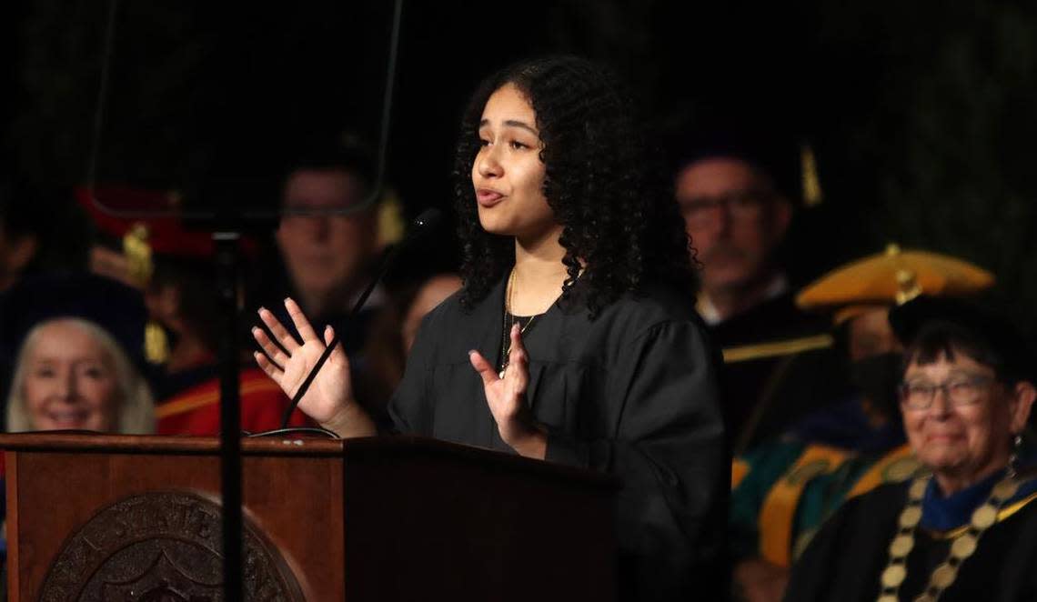 Fresno State Associated Students president Caroline Álvarez speaks during the investiture ceremony for Fresno State president Saúl Jiménez-Sandoval at the Save Mart Center on Sept. 9, 2022.