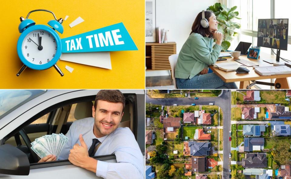 Compilation image of alarm clock with tax time label, woman working from home on zoom meeting, man driving holding money and aerial view of a residential street. 