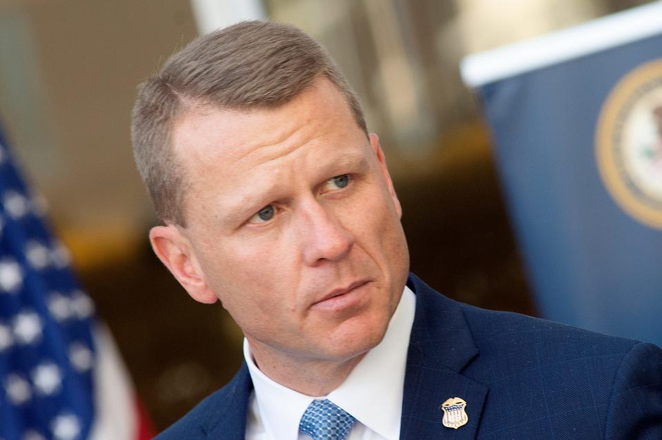 During a news conference at the Thad Cochran U.S. Courthouse in Jackson, Miss., Thursday, Aug. 6., 2020, U.S. Attorney Mike Hurst announces four indictments of managers, supervisors and human resources personnel at companies where search warrants were executed in during the August 2019 ICE raids.