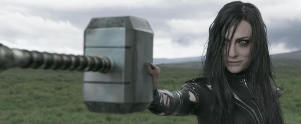 Heal destroying Mjolnir in the theatrical release of <i>Ragnarok</i>. (Photo: Marvel Studios)