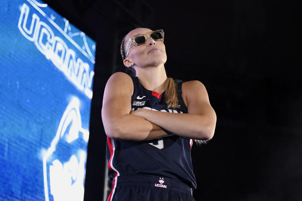 Connecticut's Paige Bueckers is introduced during First Night events for the UConn men's and women's NCAA college basketball teams Friday, Oct. 14, 2022, in Storrs, Conn. (AP Photo/Jessica Hill)