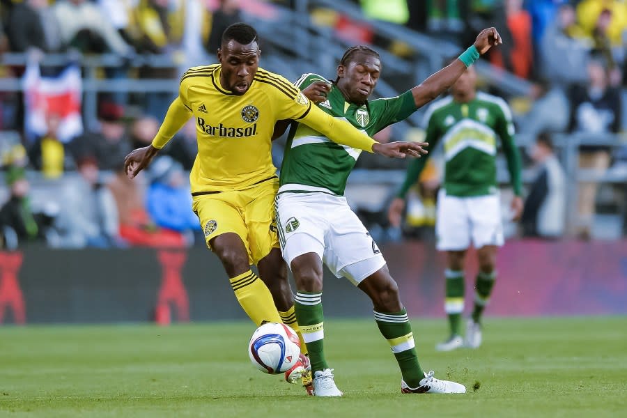 COLUMBUS, OH – DECEMBER 6: Tony Tchani #6 of the Columbus Crew SC battles for control of the ball with Diego Chara #21 of the Portland Timbers on December 6, 2015 at MAPFRE Stadium in Columbus, Ohio. Portland defeated Columbus 2-1 to take the MLS Cup title. (Photo by Jamie Sabau/Getty Images)