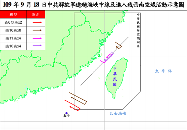 國防部公布18日共機活動示意圖。