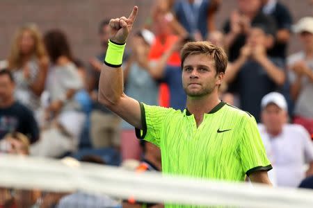 Aug 31, 2016; New York, NY, USA; Ryan Harrison of the United States celebrates after his match against Milos Raonic of Canada (not pictured) on day three of the 2016 U.S. Open tennis tournament at USTA Billie Jean King National Tennis Center. Mandatory Credit: Geoff Burke-USA TODAY Sports