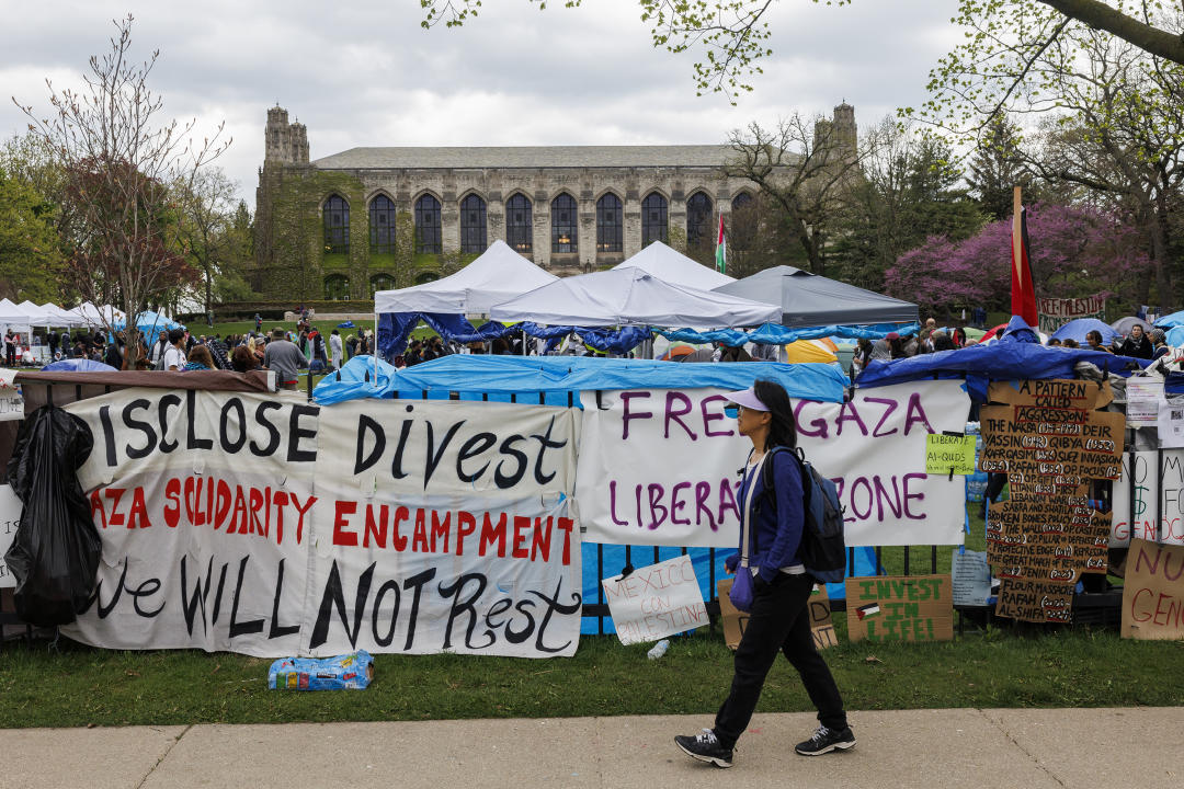 A pro-Palestinian encampment, replete with signs, at Northwestern University in Evanston, Ill.