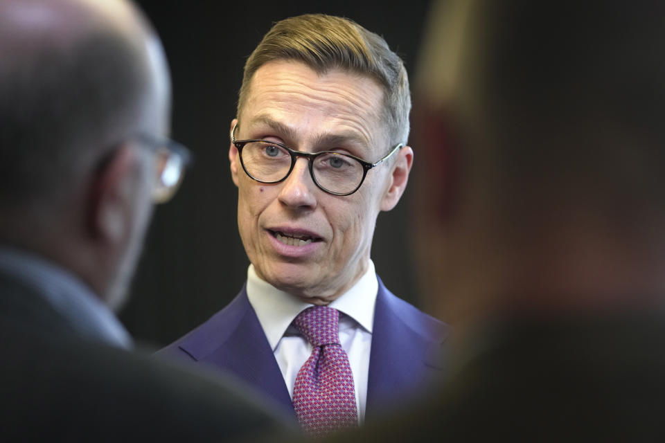 President elect Alexander Stubb speaks with media in Helsinki, Finland, Monday, Feb. 12, 2024. The final tally shows Stubb, of the center-right National Coalition Party, had 51.6% of the votes, while independent candidate and former Foreign Minister Pekka Haavisto from the green left got 48.4% of the votes. The two were the contenders in the second round of the election. (AP Photo/Sergei Grits)