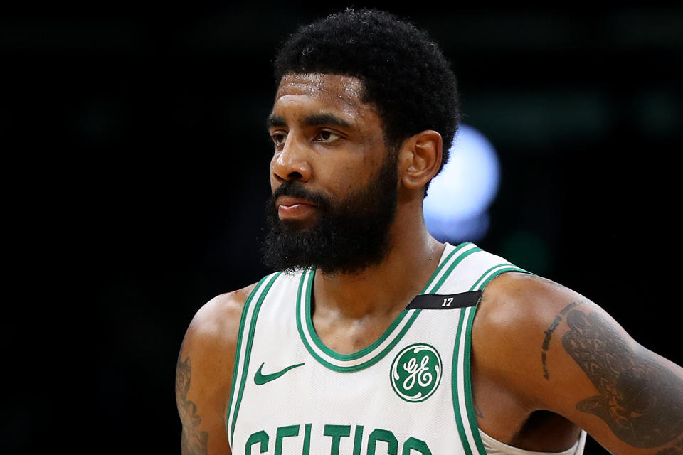 BOSTON, MASSACHUSETTS - MAY 06: Kyrie Irving #11 of the Boston Celtics looks on during the second half of Game 4 of the Eastern Conference Semifinals against the Milwaukee Bucks during the 2019 NBA Playoffs at TD Garden on May 06, 2019 in Boston, Massachusetts. The Bucks defeat the Celtics 113-101. (Photo by Maddie Meyer/Getty Images)