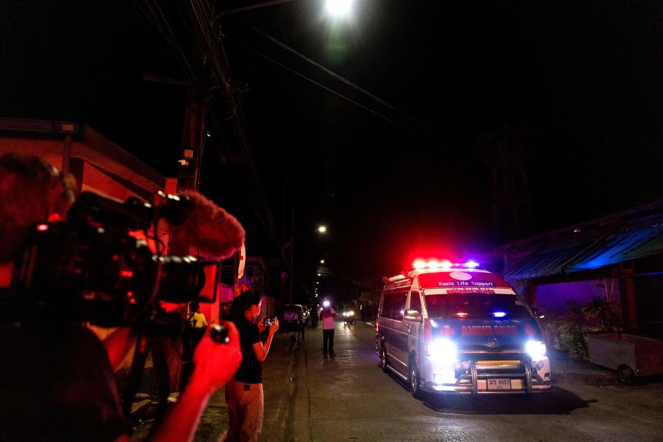 An ambulance carrying the body Shane Warne, pictured here leaving Surat Thani Hospital morgue.