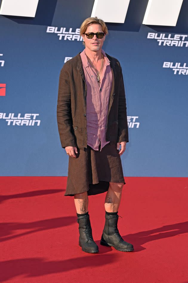 Brad Pitt donned a skirt at the Zoo Palast theater event. (Photo: Tristar Media via Getty Images)