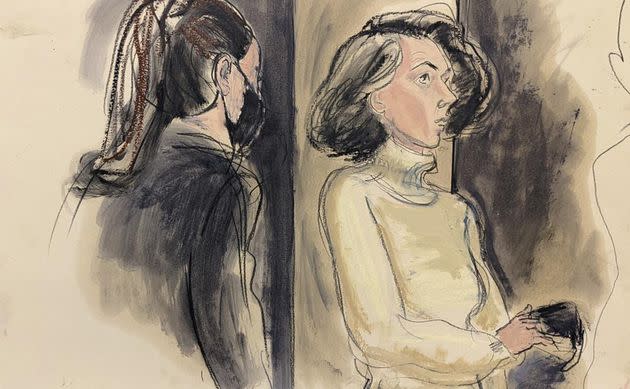 FILE - In this courtroom sketch, Ghislaine Maxwell, right, sits with her mask off during a break in her sex trafficking trial on Dec. 20, 2021, in New York. (Photo: Elizabeth Williams via AP, File)