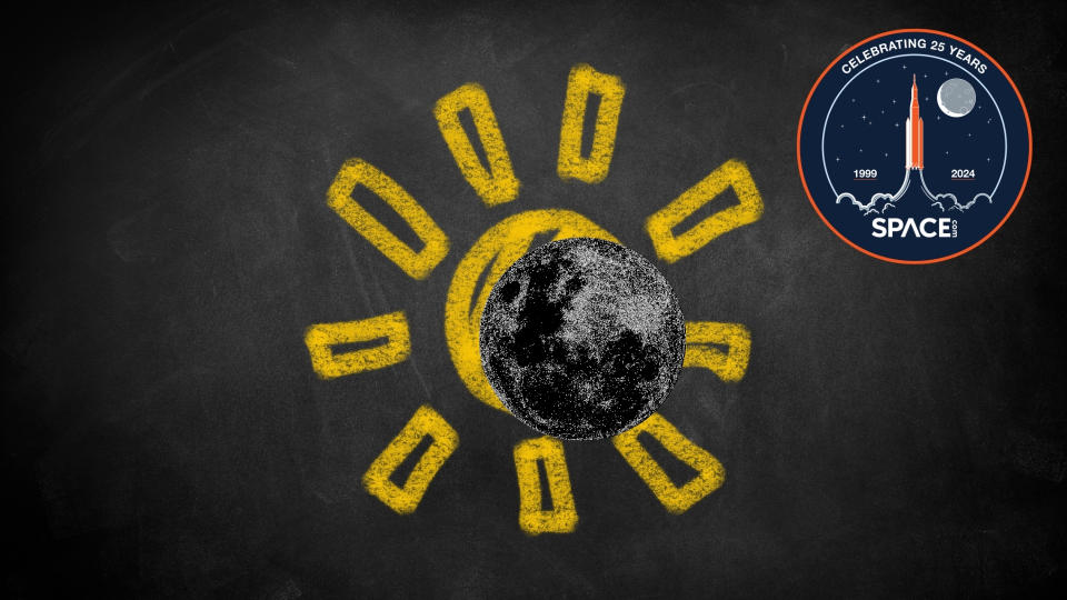  A chalkboard background shows a drawing of a moon pass in front of a drawing of the sun.. In the to top right, a space.com 25 year anniversary logo. 