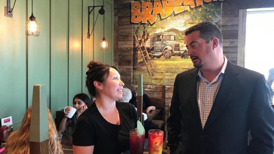 3/2/2019--First Watch CEO Chris Tomasso visited with wait staff member Anya Christianson at the 4324 53rd Ave. E. restaurant location in 2019. Bradenton Herald photo by James A. Jones Jr./jajones1@bradenton.com